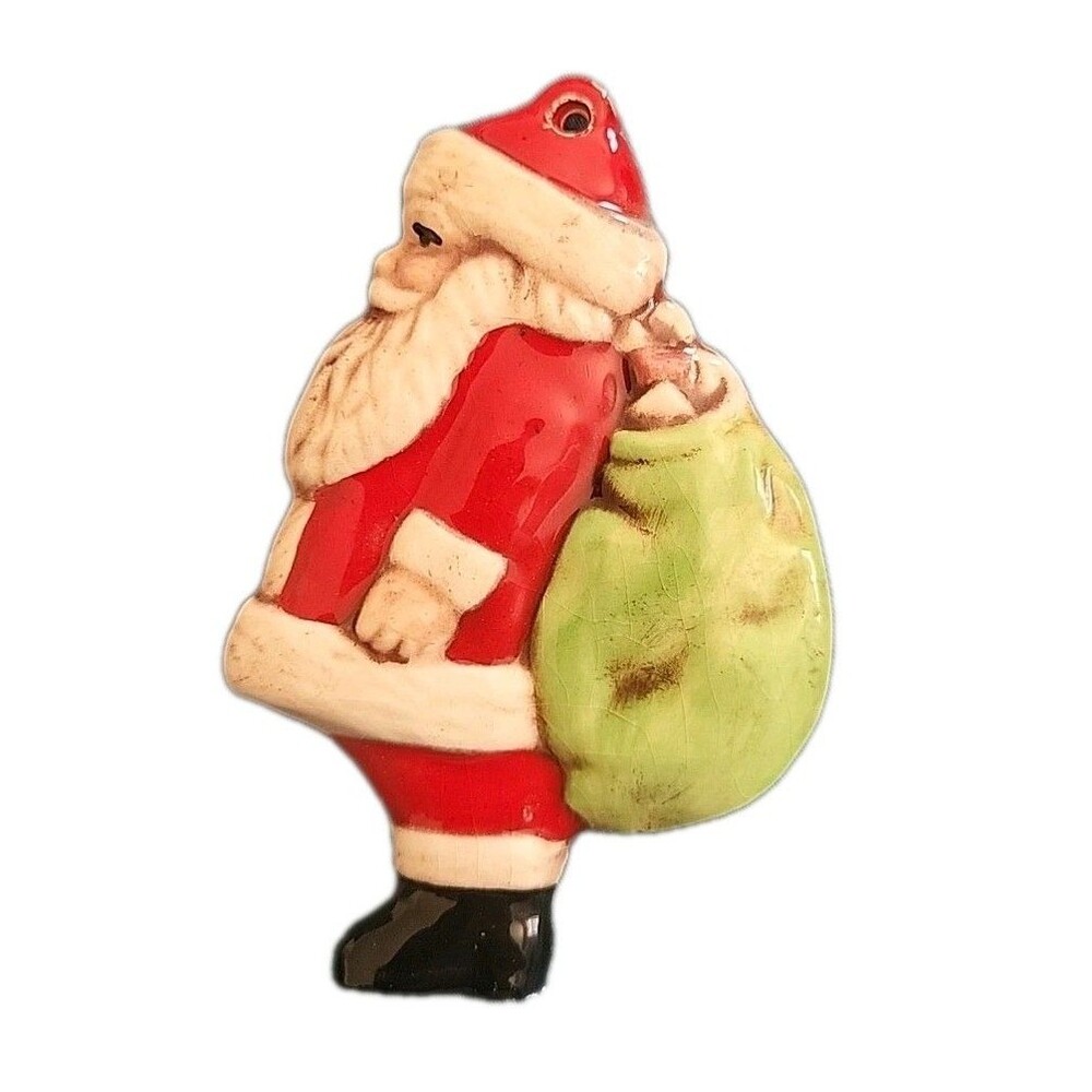 Vintage Santa Claus Christmas Ornament Toy Sack Hand Painted 3.5" EUC